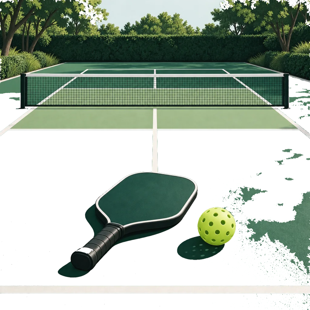 Illustration sobre d'un terrain de pickleball vu en légère plongée, avec le filet, la zone de non-volée marquée au sol, une raquette pleine et une balle perforée.